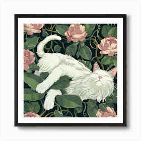 White Cat With Pink Roses Art Print