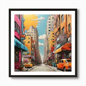 Pop Art graffiti Street with cafes, high-rise buildings, sun 1 Art Print