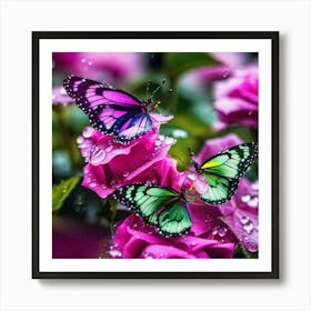 Butterflies On Pink Roses Art Print