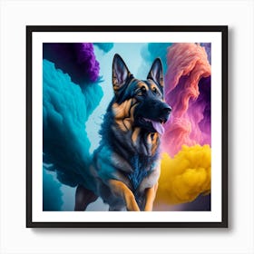 German Shepherd Dog Running Through Colorful Smoke Art Print