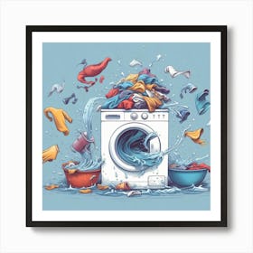 Washing Machine - A pile of laundry on a washing machine, but the clothes are not just floating in mid-air, they are dancing and swirling. The washing machine itself is also spinning upside down, and the water is flowing in all directions. The scene is rendered in a whimsical, cartoonish style. Art Print