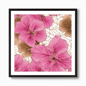 Seamless Pattern Of Elegant Geranium Floral Motifs In Pink, Adorned With Gold Lines Art Print