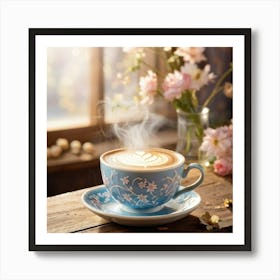 Vintage Style Latte Art Featuring An Intricate Floral Pattern Cradled In A Fine China Cup With Deli (1) Art Print