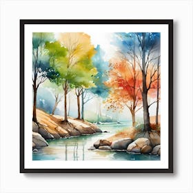 Watercolor Of Trees By The River Art Print