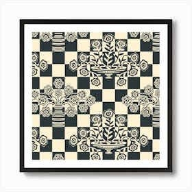 OP-ULENCE Retro Floral Checkerboard Op Art Mid-Century Modern Geometric in Black and Warm White Art Print