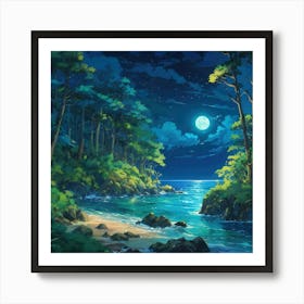 Night Scene With River and Trees Art Print