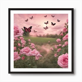 Pink Roses And Butterflies Art Print