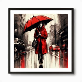 Rainy Day In A Busy City, Woman With Red Umbrella, Red, Charcoal Colors, Mixed Emotions Poster