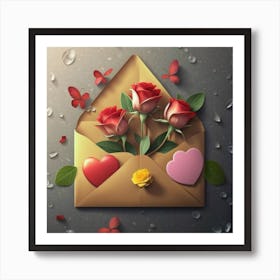 An open red and yellow letter envelope with flowers inside and little hearts outside 15 Art Print