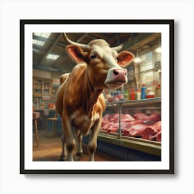 Happy Cow In A Butcher Shop Art Print