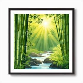 A Stream In A Bamboo Forest At Sun Rise Square Composition 405 Art Print