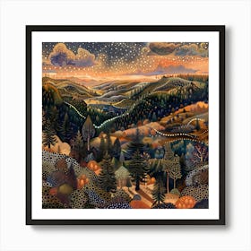 Night In The Woods, Tiny Dots, Pointillism 1 Art Print