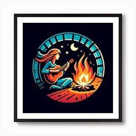 Girl Playing Guitar By The Campfire Art Print