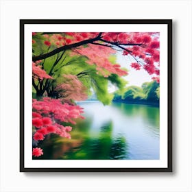 Cherry Blossoms By The River Art Print