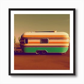 Retro Camper Trailer in Desert - Pastel Orange and Green Art Print