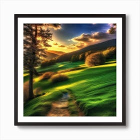 Sunset In A Green Field Art Print