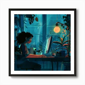 Portrait Of A Girl Working At Her Computer Art Print