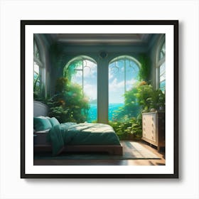 Anime Bedroom Full Of Plants With Giant Window Looking Out Underwater Art Print