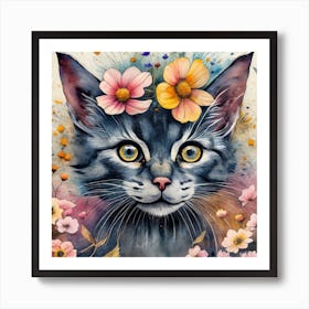 Cat With Flowers Art Print