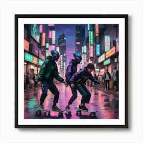 Alien Skateboarders At Night Art Print