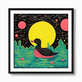 Duckling Linocut Style At Night 2 Art Print