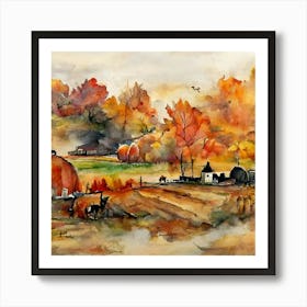 Fall Farm Watercolor Painting Art Print