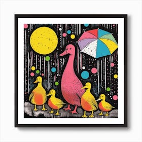 Ducklings In The Rain With An Umbrella Art Print