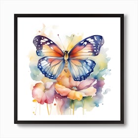 Butterfly  On Petals Watercolor  Art Print