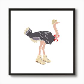 Explorer Ostrich With Hat, Neckerchief And Walking Boots, Fun Safari Animal Print, Square Art Print