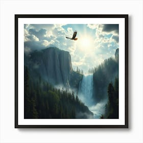 Eagle Flying Over Waterfall Art Print