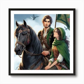 Young Couple On Horseback Art Print