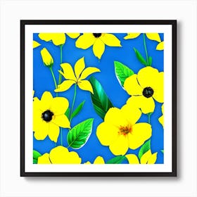 Yellow Flowers On Blue Background 1 Art Print