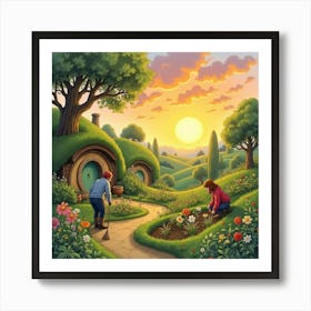 Watercolor Scene Of Hobbits Tending Their Garden At Sunrise Art Print