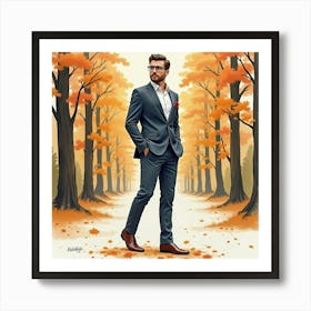 Stylish Man In Watercolor Suit, Scenic Autumn Forest 1 Art Print