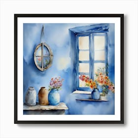 Blue wall. Open window. From inside an old-style room. Silver in the middle. There are several small pottery jars next to the window. There are flowers in the jars Spring oil colors. Wall painting.54 Art Print