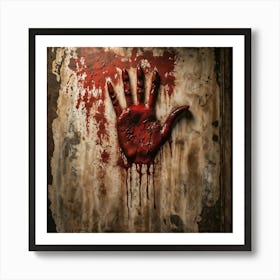 Bloody Handprint Smeared Across An Aged Wall Texture Of Dripping Blood Eerily Glistening Disturbin (3) Art Print