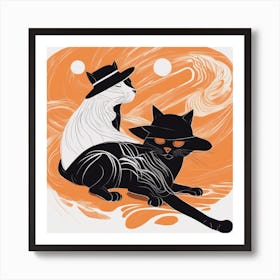 A Silhouette Of A Cat Wearing A Black Hat And Laying On Her Back On A Orange Screen, In The Style Of Art Print