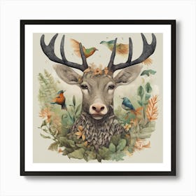 Deer With Birds Art Print