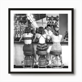 The Girls At The Bar, Vintage Black and White Old Photo, Bar Cart Decor Art Print