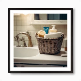 Bathroom and basket of soaps Art Print