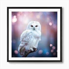 A Serene White Owl With Outstretched Black Wings Perched Gently On A Twig Looks Downwards With Big Art Print