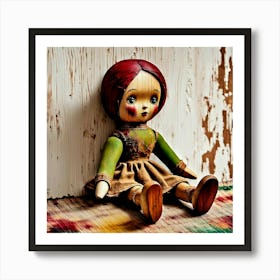 Antique Vintage Wooden Doll With Red Hair Art Print