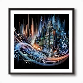 A Dynamic, Abstract Representation Of A Cityscape In The Art Nouveau Style, Characterized By Elegant, Flowing Lines And Natural Forms Art Print