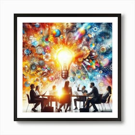 A group of business professionals brainstorm innovative ideas in a collaborative and creative work environment, surrounded by a vibrant array of colorful and abstract imagery representing the limitless possibilities of their collective imagination. Art Print