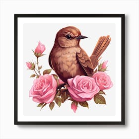 Bird On Roses 4 Art Print