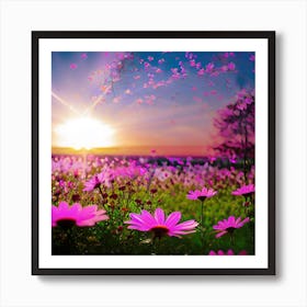 Sunset With Pink Flowers Art Print