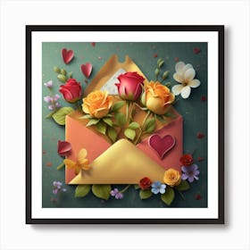 An open red and yellow letter envelope with flowers inside and little hearts outside 6 Art Print