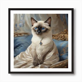 A Siamese cat gracefully seated on a cushion, optimistic painting Art Print
