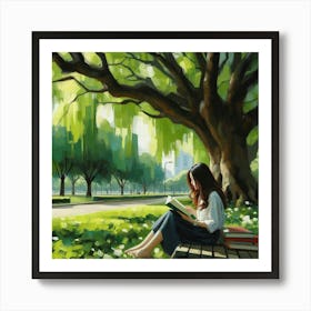 Girl Reading Under A Tree, Acrylic Painting Style 2 Art Print