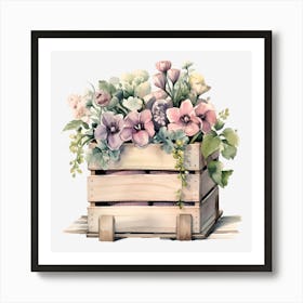 Watercolor Flowers In A Wooden Crate Art Print